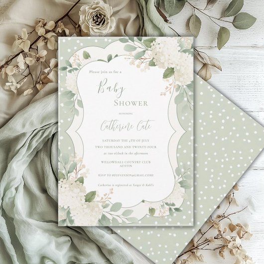 Invitation Douce Nuit de Bébé Fleurs d'Hydrange Blanc et Saug
