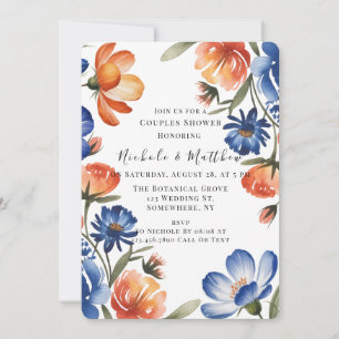 Invitation Douce Nuit de Mariage Fleurie Orange et Bleu Cobal