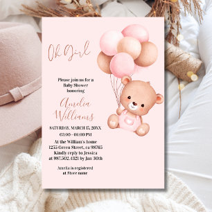 Invitation Douce Ourson Fille Rose Ballon Baby Shower