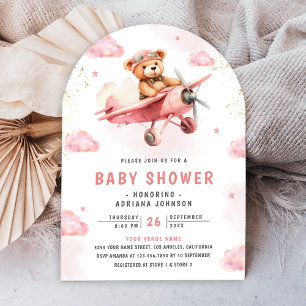 Invitation Douce Ourson Rose Avion Arche Baby Shower