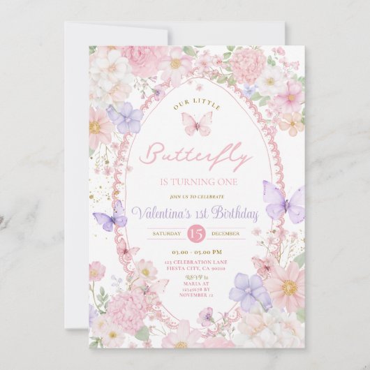 Invitation Douce Papillon Rose Violet Anniversaire (Devant)