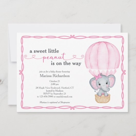 Invitation Douce Petit Arachide Elephant Bébé Fille Douche (Devant)