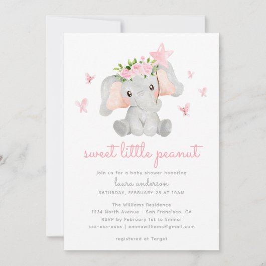 Invitation Douce Petit Arachide rose Eléphant Chaussure bébé (Devant)