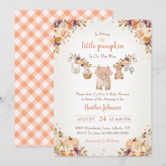 Invitation Douce petite citrouille Baby Shower d'automne (Devant / Derrière)