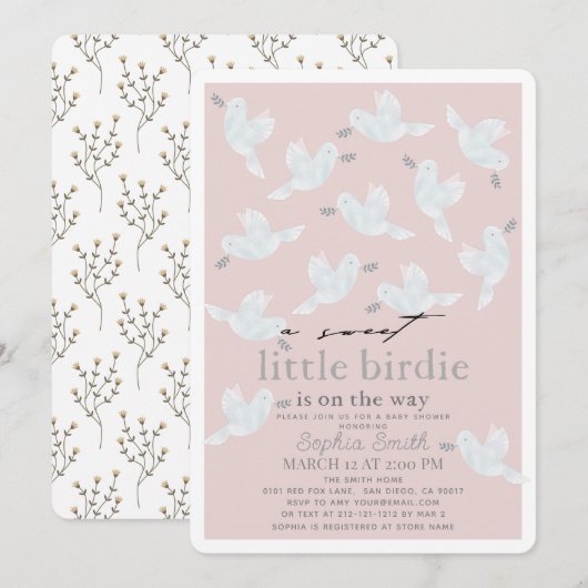 Invitation Douce Petite Fête de Bébé Fille Oiseaux Roses (Devant / Derrière)
