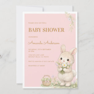 Invitation Douce Petite Fête de Bébé Florale de Lapin