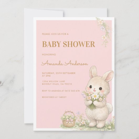 Invitation Douce Petite Fête de Bébé Florale de Lapin (Devant)