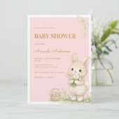Invitation Douce Petite Fête de Bébé Florale de Lapin (Debout devant)
