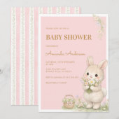 Invitation Douce Petite Fête de Bébé Florale de Lapin (Devant / Derrière)