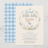 Invitation Douce petite fête de bébé Goose Blue Gingham (Devant / Derrière)