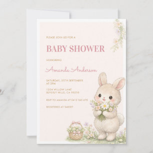 Invitation Douce Petite Fête de Naissance Florale de Lapin