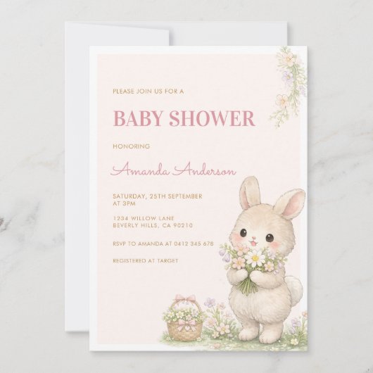 Invitation Douce Petite Fête de Naissance Florale de Lapin (Devant)