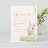 Invitation Douce Petite Fête de Naissance Florale de Lapin (Debout devant)