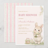 Invitation Douce Petite Fête de Naissance Florale de Lapin (Devant / Derrière)