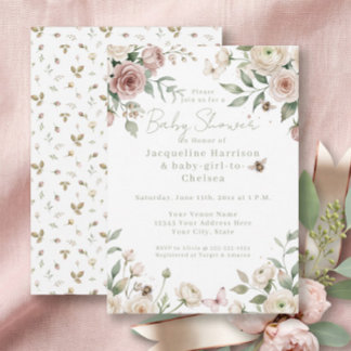 Invitation Douce petite fille à abeille Rose Florale Rose et
