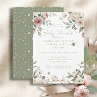 Invitation Douce petite fille à abeille Rose florale rose et