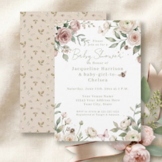 Invitation Douce petite fille à abeille Rose florale rose et
