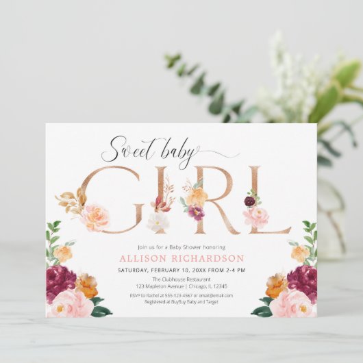 Invitation Douce petite fille rose d'or burgundy douche rouss (Debout devant)