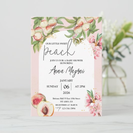 Invitation Douce Petite Pêche Filles Baby shower Arch Sprinkl (Debout devant)