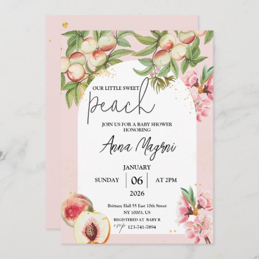 Invitation Douce Petite Pêche Filles Baby shower Arch Sprinkl (Devant / Derrière)