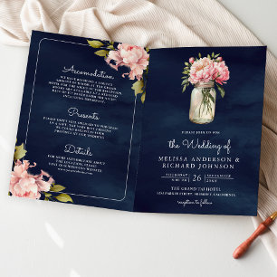 Invitation Douce Pivoine Rose Clair Pot Mason Code QR Marine