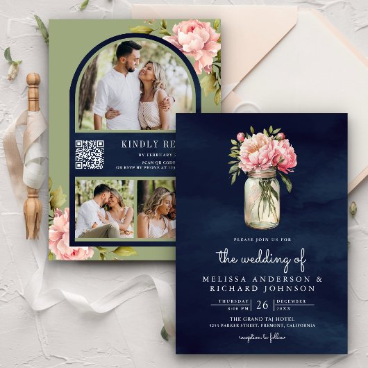 Invitation Douce Pivoine Rose Clair Pot Mason Code QR Marine