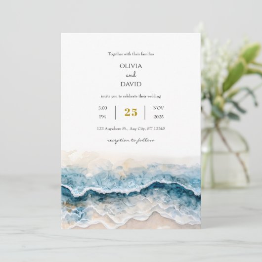Invitation Douce Plage de Sable Bleu Vagues Art Aquarelle Mar (Debout devant)