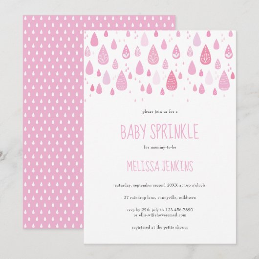 Invitation Douce Pluie Rose Bébé Sprinkle / Shower (Devant / Derrière)