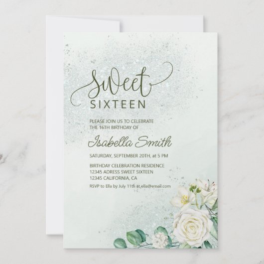 Invitation douce pour Sweet 16 vert clair et rose (Devant)