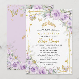 Invitation Douce Pourpre Roses Lilas Floral Or Quinceañera XV