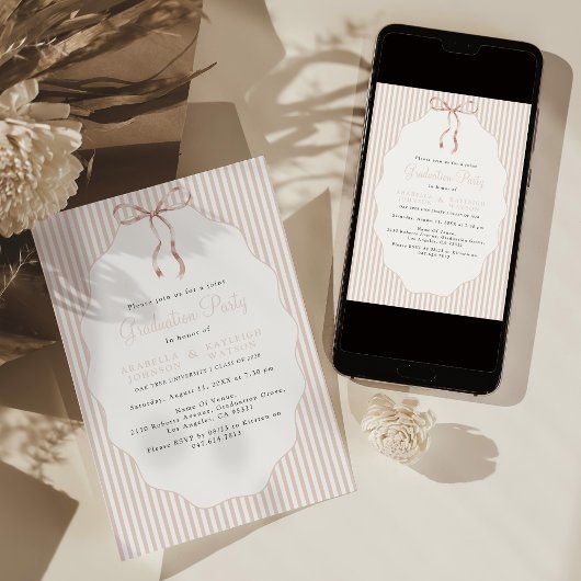 Invitation Douce remise des diplômes conjointe beige à rayure