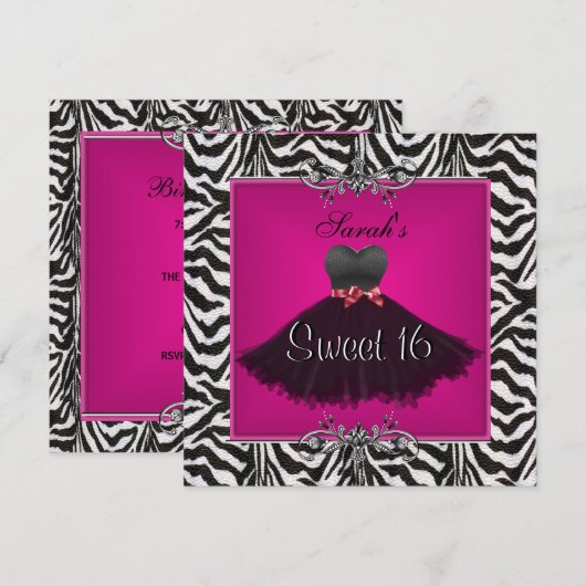 Invitation Douce Robe noire à rayures roses pour 16 ans (Devant / Derrière)