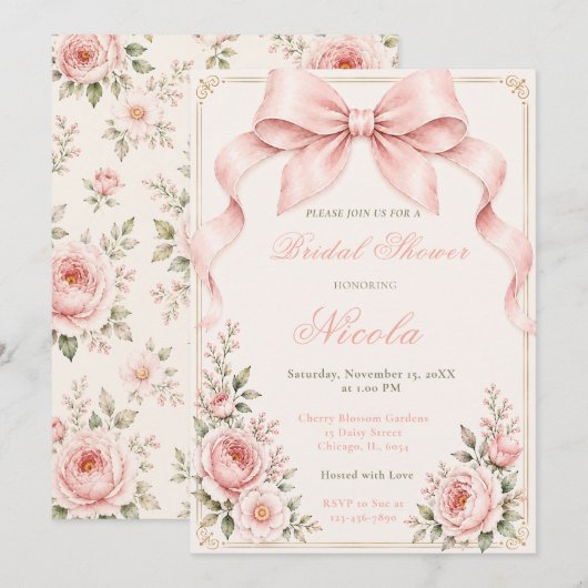 Invitation Douce Robe Rose Florale Coquette Mariage (Devant / Derrière)