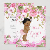 Invitation Douce Rose Florale Fête de Naissance Bébé Fille Et (Devant / Derrière)