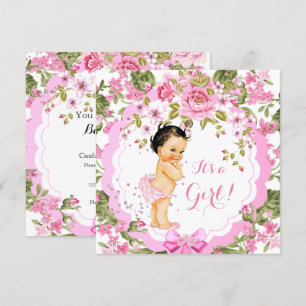 Invitation Douce Rose Florale Rose Baby Shower Fille Brune