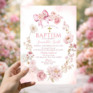 Invitation Douce Rose Poussiéreuse Fleurie Croix Fille Baptêm