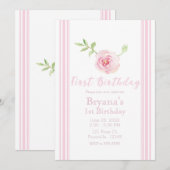 Invitation Douce Rose Rose Fleurie Fille Premier 1er Annivers (Devant / Derrière)