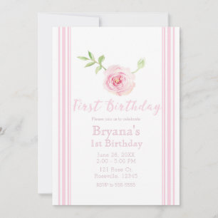 Invitation Douce Rose Rose Florale Filles Premier 1er Anniver