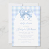 Invitation Douce ruban à nœud gingham bleu arche bébé garçon (Devant)