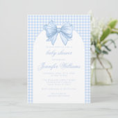 Invitation Douce ruban à nœud gingham bleu arche bébé garçon (Debout devant)