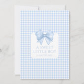Invitation Douce ruban à nœud gingham bleu arche bébé garçon (Dos)