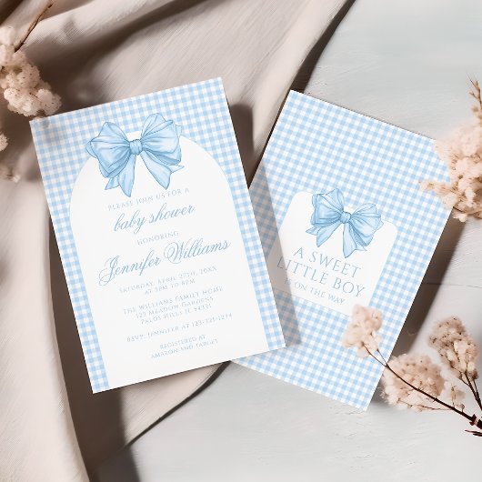 Invitation Douce ruban à nœud gingham bleu arche bébé garçon