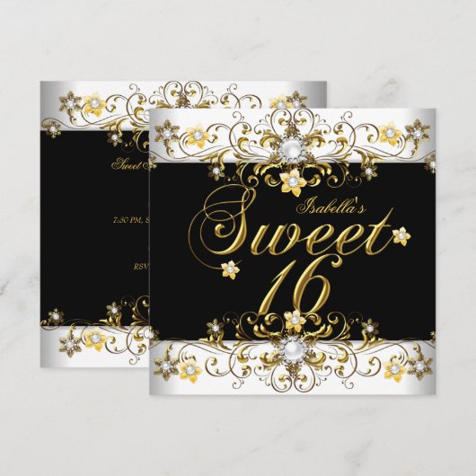 Invitation Douce Seize 16 Anniversaire Or Noir Diamant (Devant / Derrière)