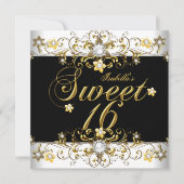Invitation Douce Seize 16 Anniversaire Or Noir Diamant (Devant)
