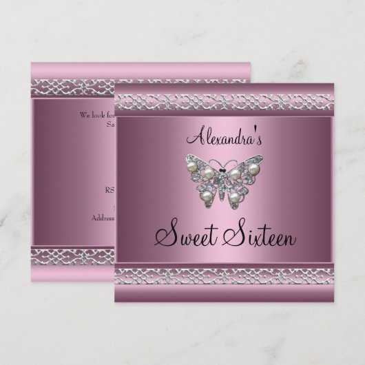 Invitation Douce Seize 16 Anniversaire Satin Papillon Rose (Devant / Derrière)