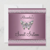 Invitation Douce Seize 16 Anniversaire Satin Papillon Rose (Devant)