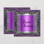 Invitation Douce Seize 16 Anniversaire Violet Rose Argent (Devant / Derrière)