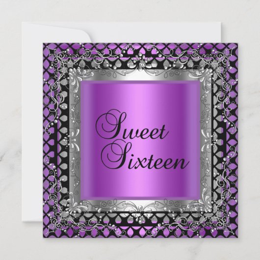 Invitation Douce Seize 16 Anniversaire Violet Rose Argent (Devant)