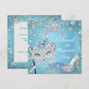 Invitation Douce Seize 16 Bal Masqué Bleu Tiara Chaussure