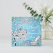 Invitation Douce Seize 16 Bal Masqué Bleu Tiara Chaussure (Debout devant)